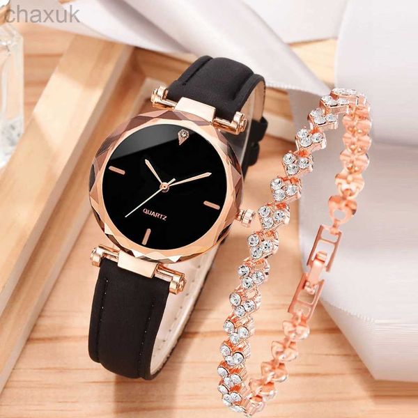 Avanços de punho 2pcs Moda de luxo Women Watch Set Strap Strap Ladies Ladies Wristwatch Rhinestone Rosegold Alloy Bracelete para presente D240417