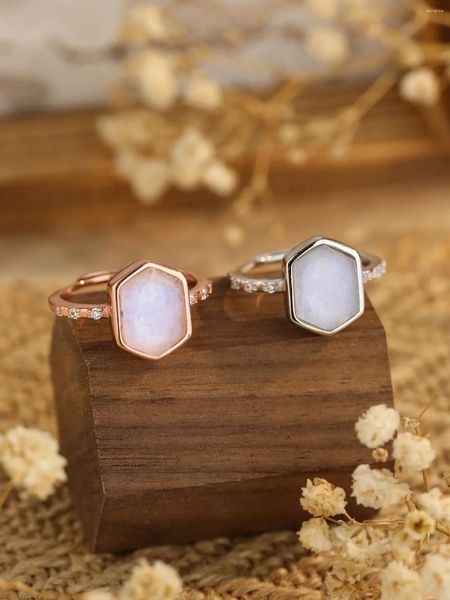 Anelli di cluster Pure 925 Silver Women's Ring con pietra di luna rosata o bianca e zircone dolce stile romantico per appuntamenti ogni giorno indossato