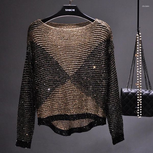 Maglioni femminili Europa e Stati Uniti sono paillettes Hollow-out set a maglia sciolta di collare rotondo a maniche lunghe a maniche lunghe con cima