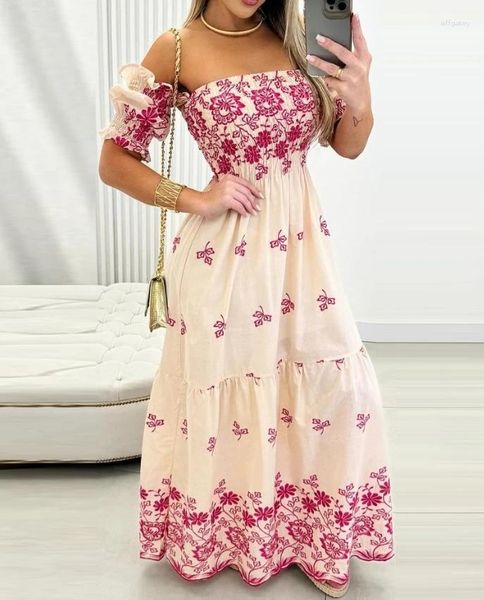 Lässige Kleider Mode 2024 Sommer sexy elegante Frauen floraler Druck von Schulterkleiderinnen weibliche Kleidung Outfits