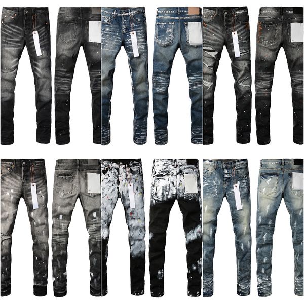 Jeans designer per pantaloni da uomo jeans viola di lusso pantaloni impilati ricami motociclisti strappati per jeans dimensioni di tendenza uomini neri slim fit stile stile unico con buco