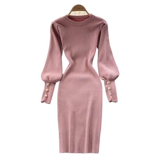 Neue Frauen Herbst Puff Langarm O-Neck gestrickte Knie-Knie-Länge Sweater Dessinger Kleid Bodycon Tunika Bleistift Kleid