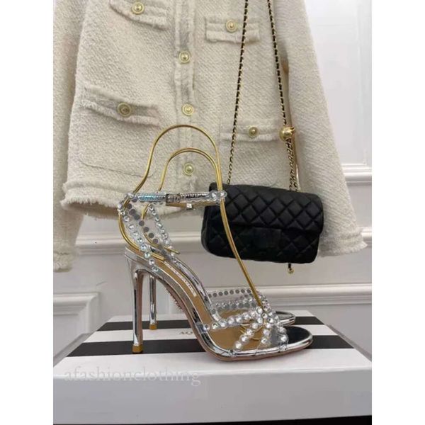 Neue Saison Aquazzura Schuhe Tequila Sandals Designer Luxus 100% echtes Leder 105 Sparkling Party Italien Klar hochwertige Stiletto Heel Hochzeit Braut 699