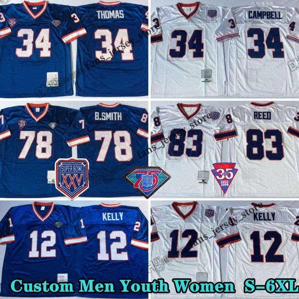 Custom Vintage 1994 35th Bowl XXV Jerseys de futebol Jim 12 Kelly 34 Thurman Thomas 78 Bruce Smith 83 Andre Reed 32 O.J.Simpson 68 Joe Delamielleure 66 Billy Shaw Sestak