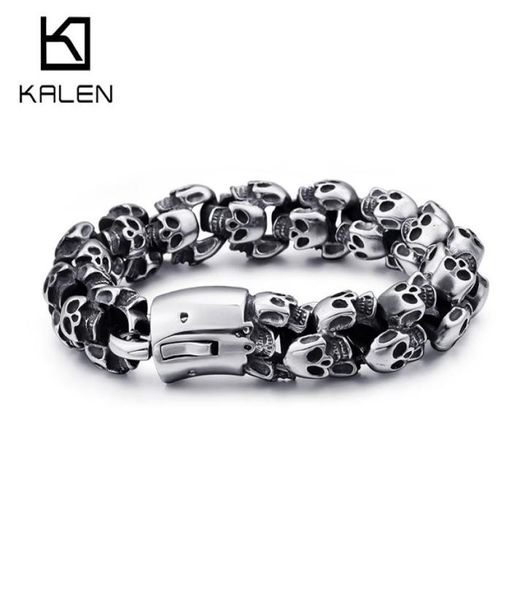 Kalen grande aço inoxidável Bracelets de caveira brilhante Men039s Bracelet Boy Punk Skeleton Jewelry Gift to Big Men1860224