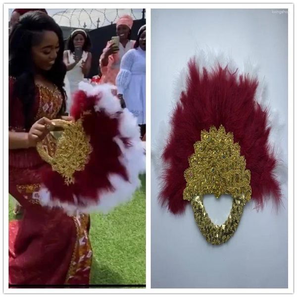 Estatuetas decorativas fãs de fãs de penas de peru africanas para fãs artesanais para a decoração de casamento nigeriano noiva de dupla face