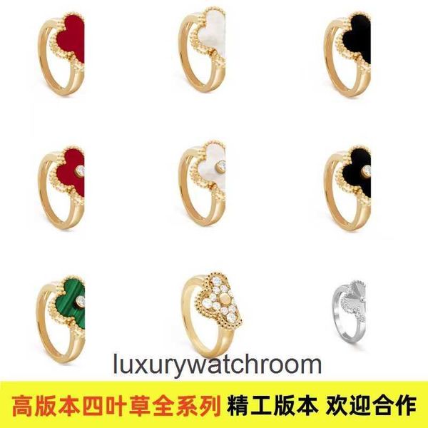 High -End -Designerringe für Vancleff gegen Golden Vier Blattgrasring Red Jade Medaille Voller Diamantring Modes schwarzes Achate Live -Sendung Original 1: 1 mit echtem Logo