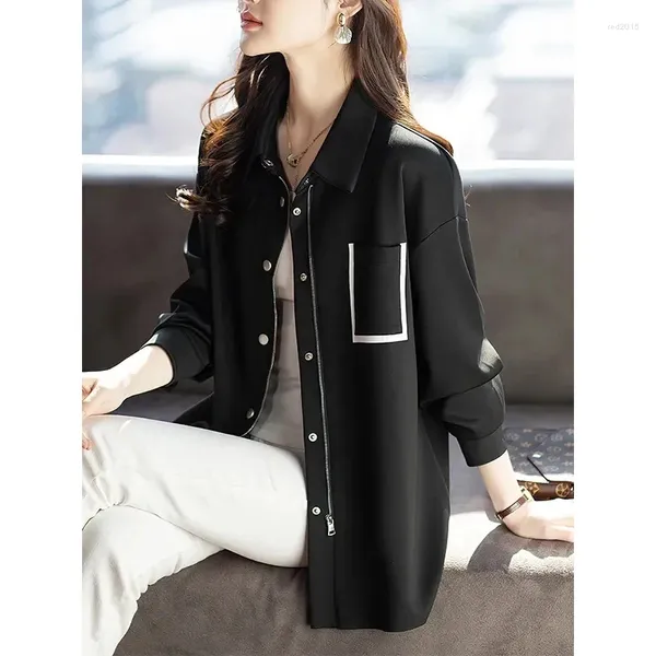 Jackets femininos Splicing Contraste Black Coat Mulheres Primavera Autumn 2024 Jaqueta casual Comuns europeus moda moda fina breaking feminino tops