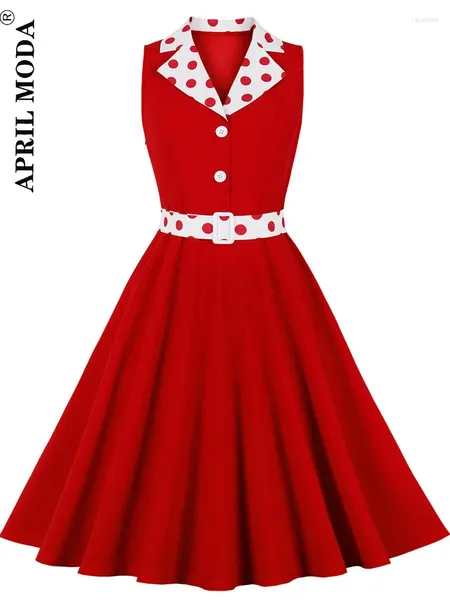Lässige Kleider Patchwork Polka Dot Print der 1950er Jahre Rockabilly Falten -Gürtelkleid ärmellose rotgrüne 60er Jahre Frauen Frauen hohe Taille Vintage