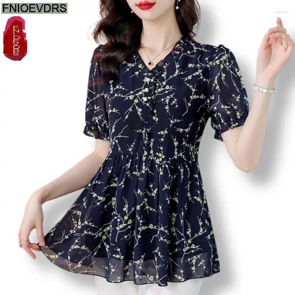 Frauenblusen M-4xl Lose Kleidung 2024 Sommer Rüschen Tops Kurzarm Frauen Basic Wear Office Lady Blumenblumen-Blütendruck Hemden