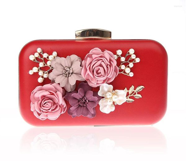 Abendtaschen Fashina Rote Frauen Tasche PU Handtasche Brauthochzeitsfeier Clutch Tasche Make-up zwei Kettenblumen 03944-B