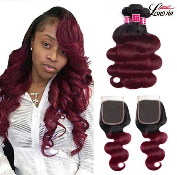 Ombre Body Wave Hair mit Verschluss 44 Verschluss mit 34 Bündeln 1B99J Zwei -Ton -Haarbündel mit Verschluss9418610