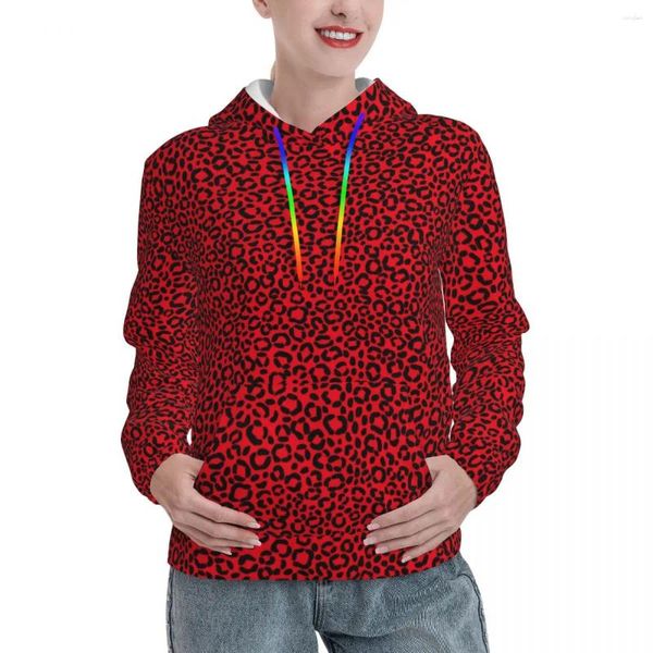 Colegados femininos Red e preto Leopardo solto unissex animal estampa de peles de peles com capuz do capuz de inverno Design Retro Sweetshirts Tamanho grande