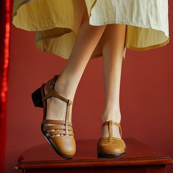 Vestido sapatos de phoentin feminino capa retro dedo sandals roma 2024 verão de couro genuíno salto médio da senhora casual ft3481
