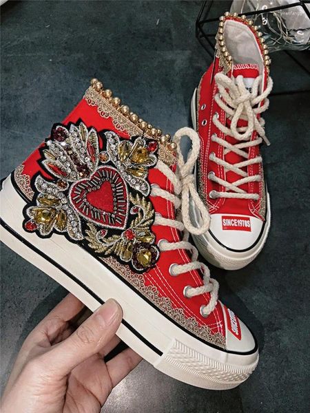 Casual Schuhe rot hohe obere goldene Perle Custom Style Leinwand Frauen Sneaker Mode Specail Handgefertigt