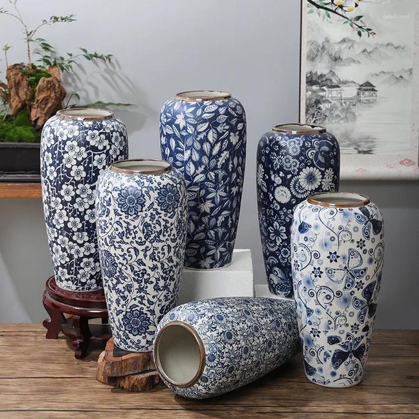 Vasos Jingdezhen Porcelana Antiga Azul decoração branca da sala de estar Arranjo de flores chineses grandes decorativos