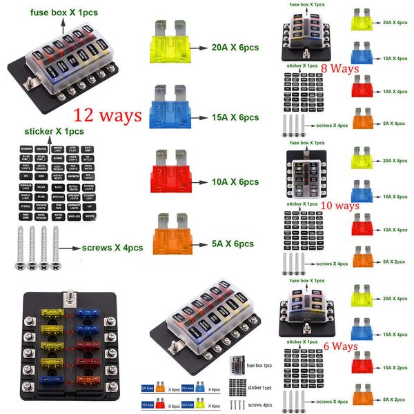 NUOVO 12/10/8/6 Ways Baschetta per il supporto per lama Morsetti Modified Terminal Block Fuse con luce di avvertimento a LED per auto a barca Marine Trike 12V 24V