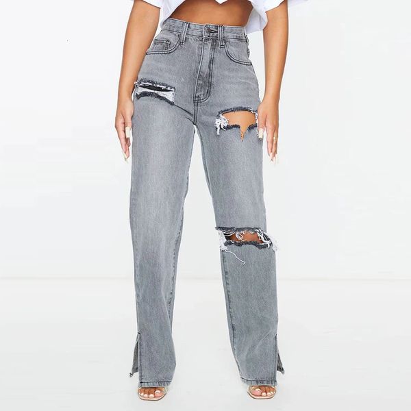 Jeans strappato da donna in denim pantaloni dritti gamba larga femmina caviglia gemella split al fidanzato cowboy street ginocchio taglio abiti abiti 240412