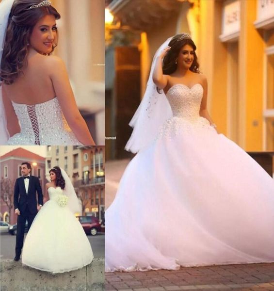 Puffy Ballsown Gelinlik 2015 İnciler ve Cam Taşları Boncuklu Mahkeme Tren Tül Gelin Gowns 2015 Vestidos de Novia7746048