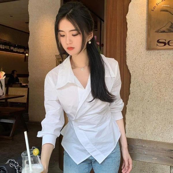 Blusas femininas de lapela de manga comprida moda moda de moda irregular primavera camisetas de verão