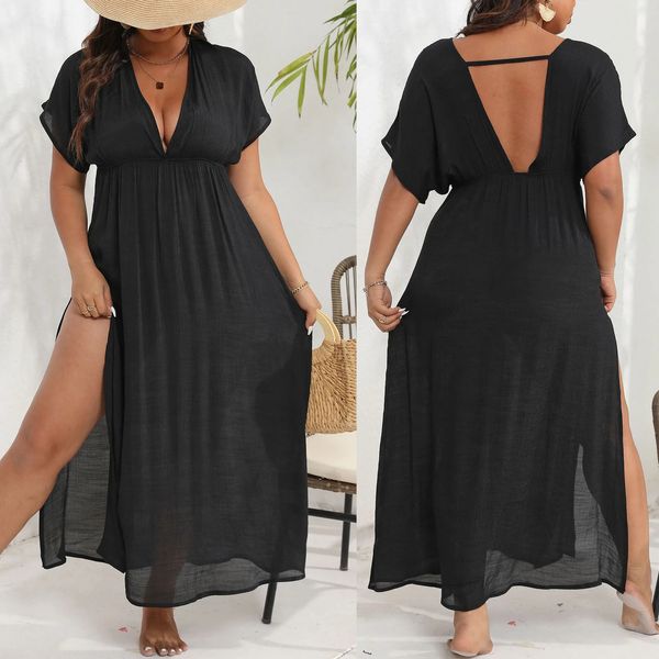 Ladies Long Skirt Beach Coverp Plus Size Женская одежда 2024 модные тенденции Slit Deep V Backless Taiste Black Dress 240412