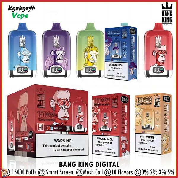 Bang King 15000 Puffs Vape descartável Autentic Elf Box Vappers Mesh Bobina de malha Recarregável Cigarros eletrônicos 10 sabores Indicador de óleo de tela inteligente/Power 15K Puffs