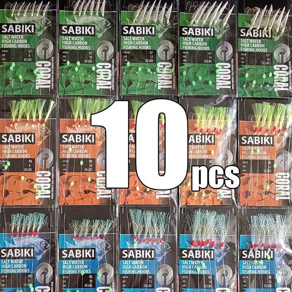 Lunker Sabiki Rigs 10pcs ganchos de água de água salgada iscas de pesca luminosa flash flashskin zaga marinha cavilha pesa tackle 240407