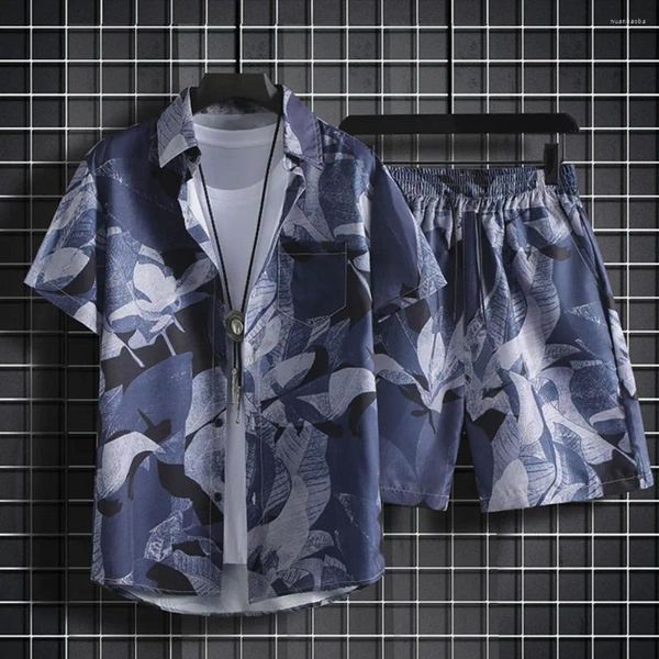 Herren -Tracksuits Training Outfit Sommer Hawaiian Print Shirt Shorts Set mit elastischen Taillen Taschen Casual Beach für Männer Urlaub