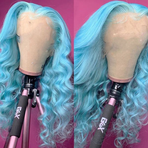 Produtos de cabelo azul cor corporal onda corporal renda sintética Perucas dianteiras longas onduladas de fibra de fibra de fibra de fibra de glue