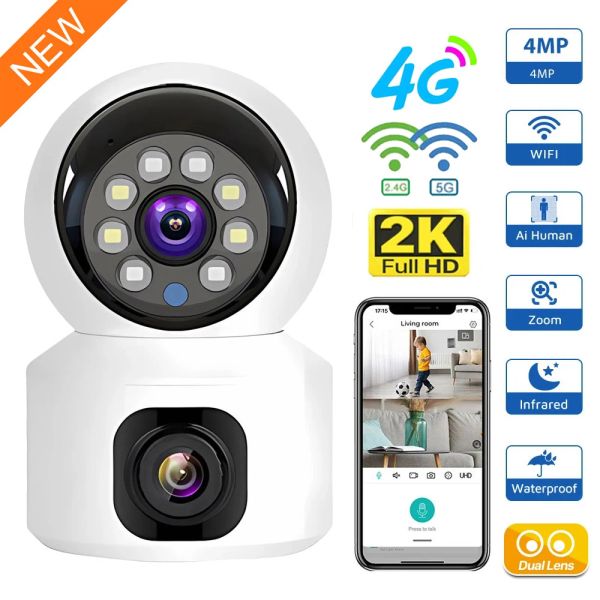 Sistem SIM KARTI 4G Kamera Kapalı Çift Lens Mini IP Kamera 2K 4MP WiFi Kablosuz Güvenlik Gece Görüşü Camara Video Gözetim V380 Pro