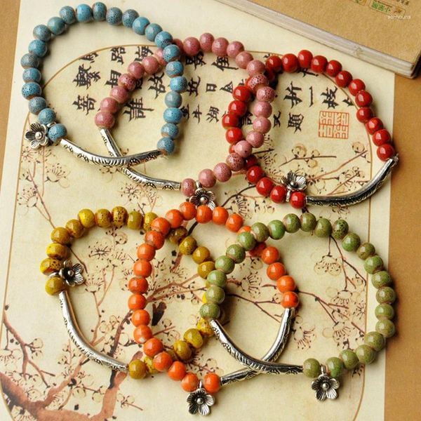 Bracelets de charme estilo chinês yunnan étnico clássico jingdezhen bracelete de contas de cerâmica para mulheres esmalte de flores femininas por atacado