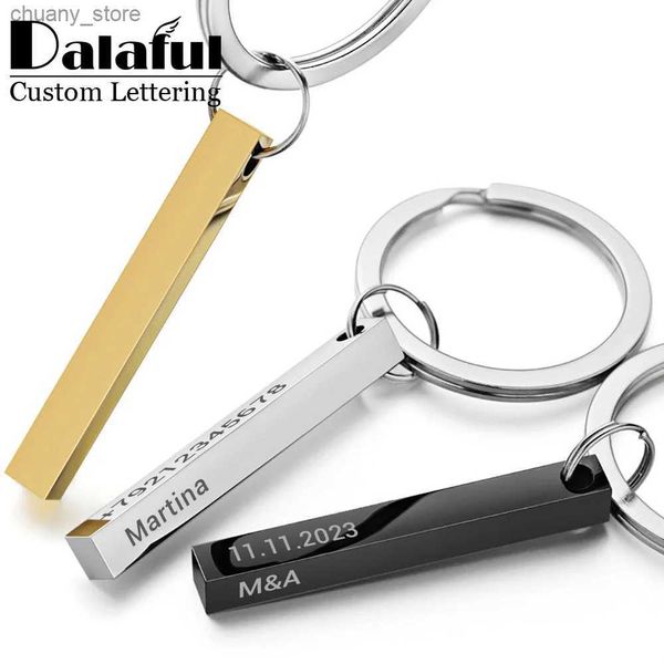 Keychains Lanyards personalisieren Keychains 3D -Stange Edelstahl Keyrings 4 Seiten Gravave Textname Datum benutzerdefinierte Schlüsselketten Ringe lieben Geschenk P039 Y240417