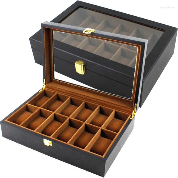 Uhrenkästen 6 10 12 Slots Box Hülle mit echtem Glasdeckel Holz Display Velvet Kissenspeicher für Männer und Frauen
