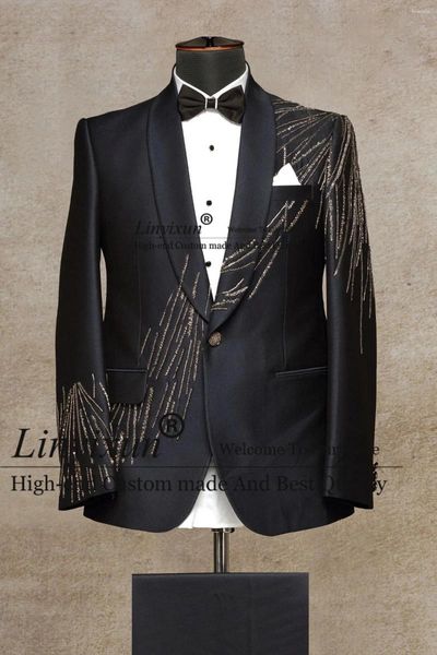 Ternos masculinos lantejous pretos azulados Bordados Tuxedo italiano Men formal 2 peças conjuntos de blazers de negócios de negócios macho de baile de formatura Homme