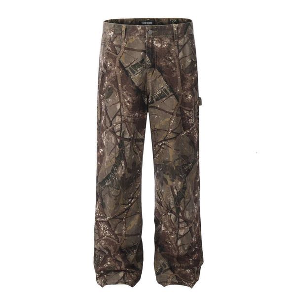 Calça casual de camuflagem desgastada para masculino punk arborizada arbusto de arbusto de madeira impressão digital de camuflagem ao ar livre calças de perna reta