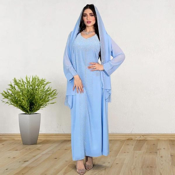 Roupas étnicas kaftan dubai abaya peru na peru muçulmana chiffon maxi vestido arabiano manto de diamante para mulheres djellaba femme 500198