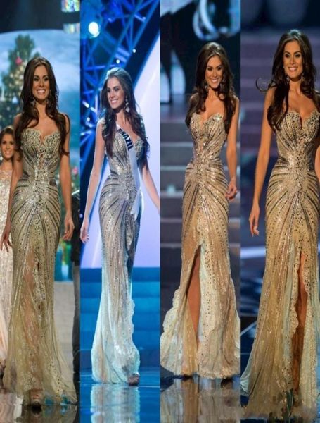 Miss Universo 2020 New Zuhair Murad Arabic Vestidos de noite Mermaid Gold Flit Slit Crystal Fished Lace Tulle Prom Vestidos de celebridades V8792138