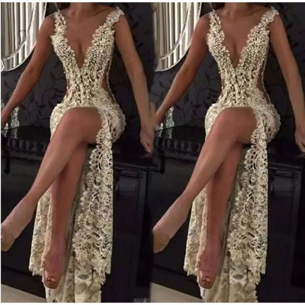 Sexy pizzo ebi aso avorio scuro sirene ad avorio abiti da ballo senza maniche lunghi abiti ocn per perle a v-scollo per le donne abiti da sera per donne