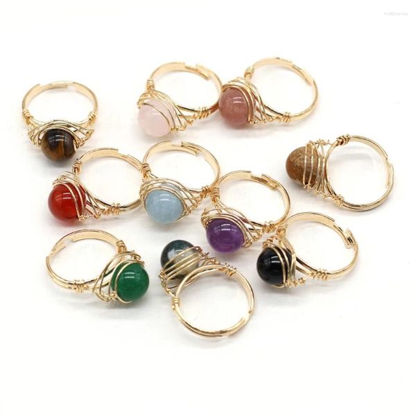 Ringas de cluster elegante, elegante, fio de arame dourado, bola de pedra reiki cura ametistas AGATS RING MULHERES JOENS DE CASAMENTO DE PARTE