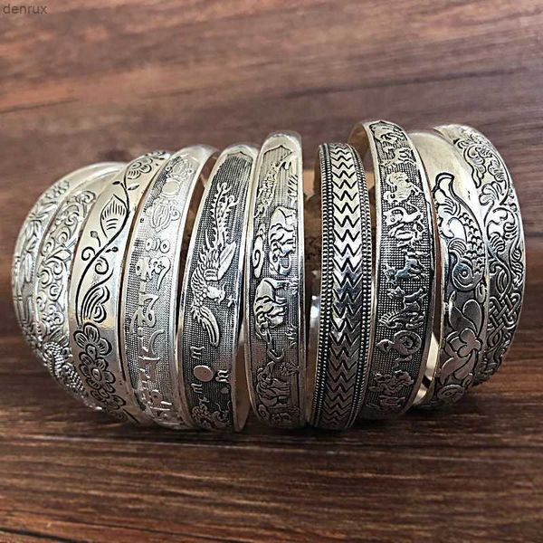 Armreifen neue Retro Manschetten Armbänder tibetanische Silbermetallschnitzfisch Elefantenblume Vintage Gypsy Jewelry weibliche Geschenke Geschenke 240417