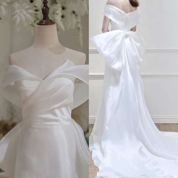 Kleider mermaid 2022 mit elegantem weißen Big Bug Rücken abnehmbarer Zug lange Schulter einfacher Satin Braut formelle Hochzeitskleider Braut Empfangskleider Es