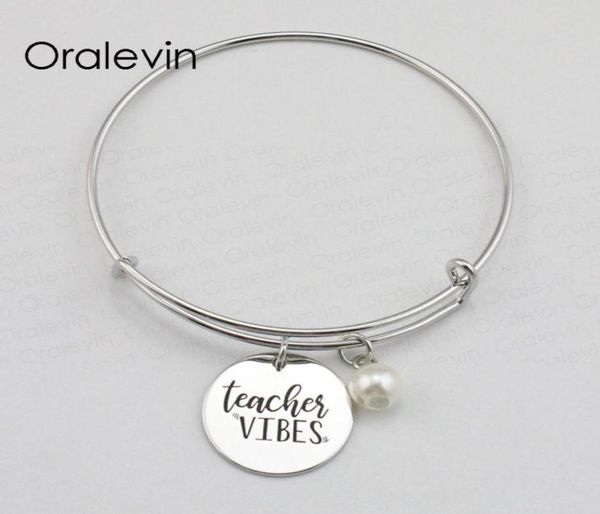 Öğretmen Vibes İlham Verin Damalı Graved Charm Kolye Genişletilebilir Tel Bilek Bangle Hediye Moda Jewelry10PCSlot L99527419730