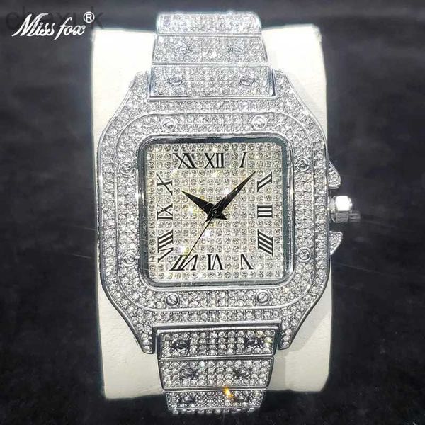 Armbanduhren Klassiker Square Watch Luxus Full Diamond Hochqualität Quarz Uhren Männer Top Marke Original ICED HIP Hop Männliche Uhr Heiße Verkauf D240417