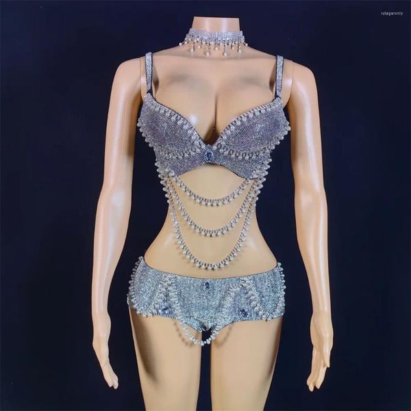 Stage Use Silver Bruth Bra Bra Baixa Cintura Custom Roupa De dança Danga Duas peças Vestido de festa feminino Cantor da cantora ZZ ZZ