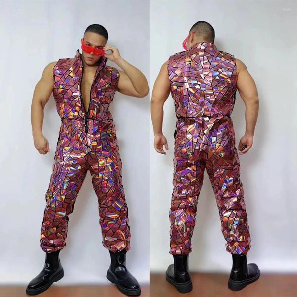 Bühnenbekleidung rosa Silberlaser Mirror Ärmel und Jumpsuit Männliche Frauen Hip Hop -Tänzer -Gruppen Pailletten Rompers Festival Party Tanzkostüm