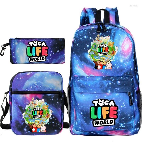 Bolsas escolares toca boca impressão mochilas 3pcs Conjunto Kawaii Bookbag Life Life World Backpack Children School Travel Sport Mochila