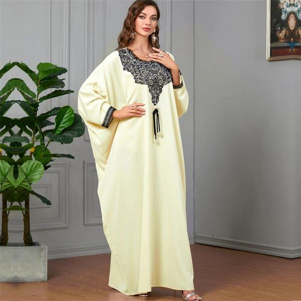 Abbigliamento etnico Naperone perle Abayas for Women 2024 Fashion Muslim Dress Abito da pipistrello Dubai Turchia Abaya Abitani Marocchina Caftan