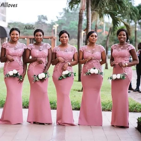 Arabisch ASO EBI Pink Long Meerjungfrau Brautjungfer Kleider Blumenspitze eleganter Mädchen der Ehrenkleider bodenlange Frauen Cap Sleev