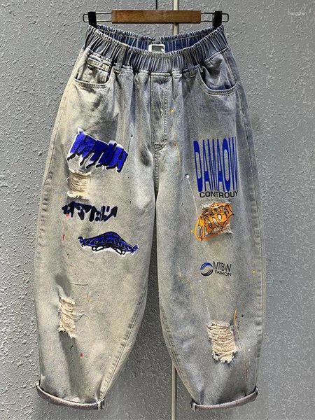 Frauen Jeans 2024 Frau Retro Blue Letter Printed Denim Baggy Hosen Elastische Taila Koreanisch gerissene Löcher bemalt Hip-Hop-Knöchellänge Bloomer