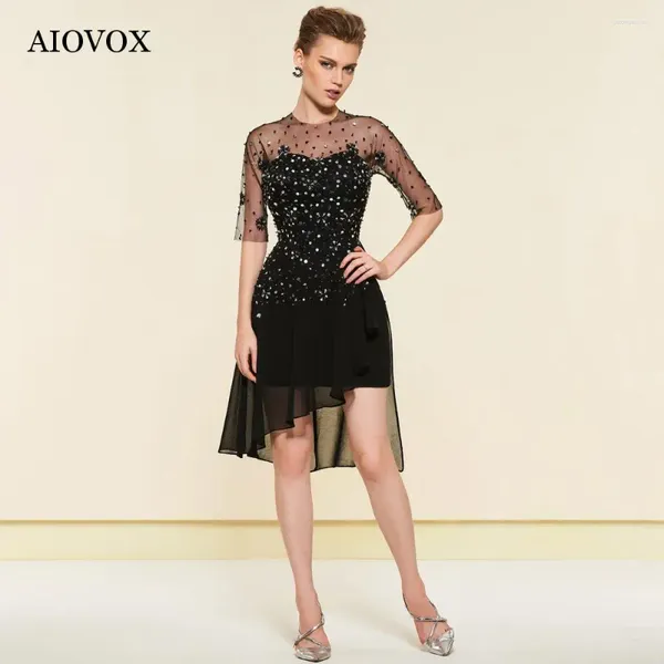 Abiti per feste Aiovox Formali perline corta fine ballo corto semplice manica illusione abito ginocchio di tulle elegante vestidos de gala